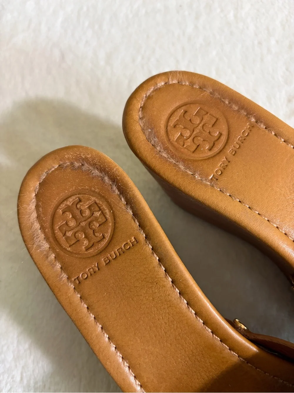 Tory Burch Cognac Leather Logo Wedge Slides Sz 7.5